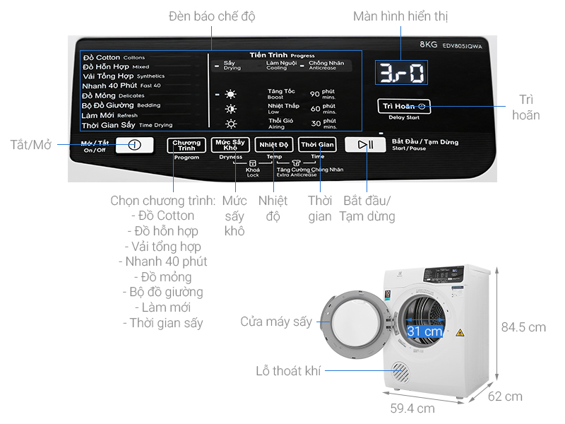 Máy Sấy 8kg Electrolux (EDV805JQWA) Lồng Ngang